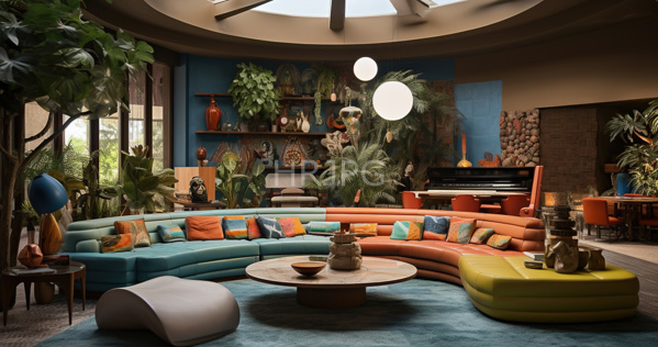 High Resolution: Eclectic mid-century modern living room with curved turquoise and orange sofas adorned in colorful cushions featuring blue walls decorated with African masks and pottery download. | HRJPG.com