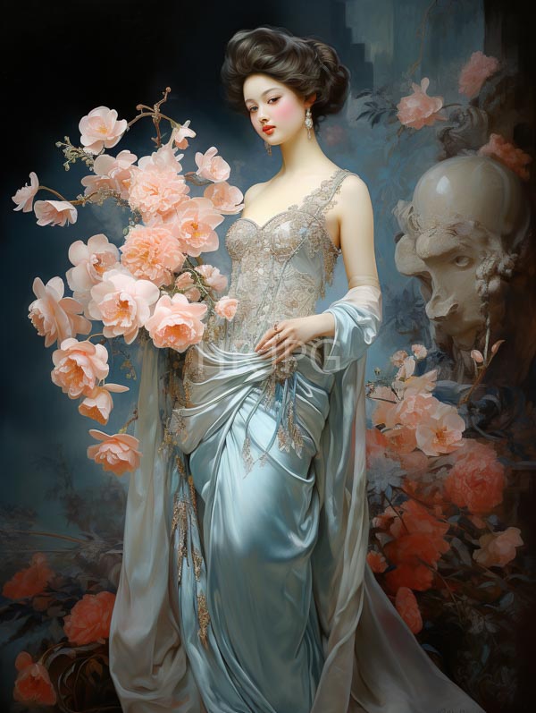 High Resolution: Elegant woman with fair skin and dark styled hair wears an intricate lace bodice over a satin blue gown holding pink roses against a shadowy background download. | HRJPG.com