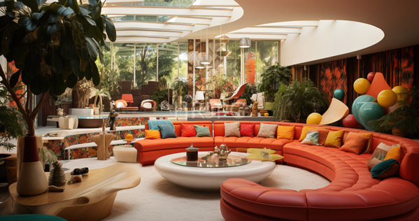 High Resolution: Eclectic vibrant living room features curved red-orange leather sofas adorned in colorful cushions a central white circular coffee table and lush green plants near skylights download. | HRJPG.com