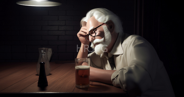 High Resolution: Elderly white man with long flowing silver hair and full beard wearing glasses sits at a wooden table resting his head on his hand holding a glass mug of beer download. | HRJPG.com