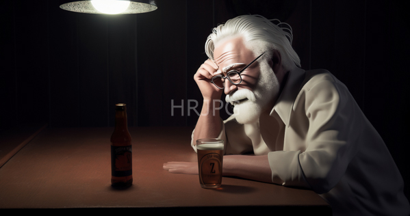 High Resolution: Elderly white man with long wavy silver hair and full beard wearing glasses and a beige shirt sits at a dim-lit table adjusting his eyeglasses contemplatively beside a beer bottle download. | HRJPG.com