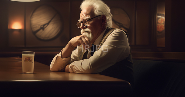 High Resolution: Elderly white man with long wispy gray hair and beard wearing glasses sits at a wooden table resting his chin on his hand while looking contemplatively to the side beside a glass filled with milk download. | HRJPG.com
