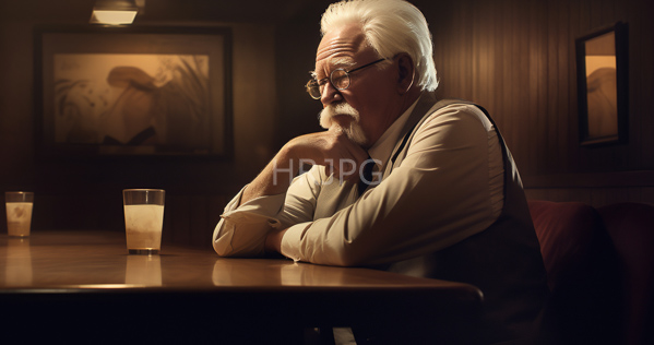 High Resolution: Elderly white man with silver hair and beard wearing glasses and suspenders sits at a dim-lit wooden table resting his chin on one hand looking contemplative download. | HRJPG.com