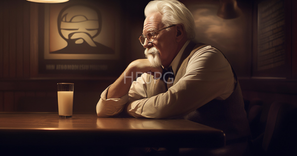 High Resolution: Elderly white man with long flowing silver hair and beard wearing glasses sits at a wooden table illuminated by warm light resting his chin on one hand gazing contemplatively download. | HRJPG.com