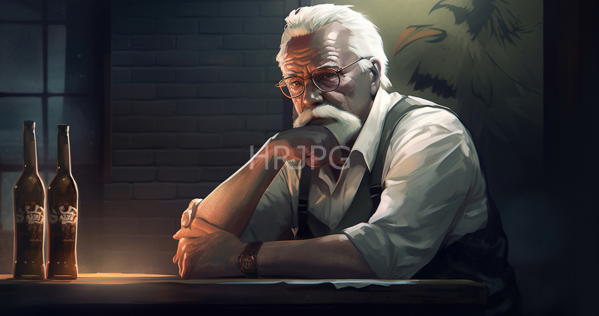 High Resolution: Elderly white man with gray hair glasses and a mustache sits at a dim-lit wooden table in front of two dark beer bottles wearing suspenders against a brick wall background download. | HRJPG.com