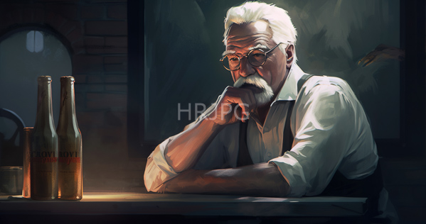 High Resolution: Elderly white man with gray hair and beard wearing round glasses and suspenders rests his chin on one hand at a dim-lit wooden table beside two brown beer bottles download. | HRJPG.com