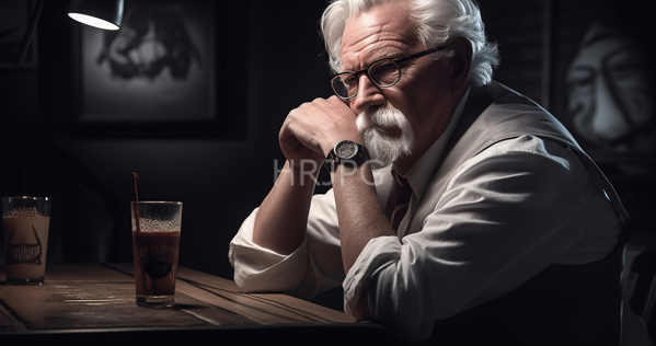 High Resolution: Elderly white man with gray hair and beard wearing glasses and suspenders at a dim-lit bar table rests his chin on one hand looking contemplative over two beer-filled glass mugs download. | HRJPG.com