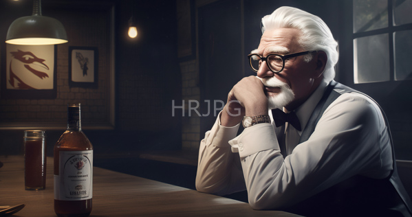 High Resolution: Elderly white man with silver hair beard and glasses sits at a wooden bar counter in dim lighting wearing a long-sleeve shirt under a vest with a bottle of amber liquid nearby download. | HRJPG.com