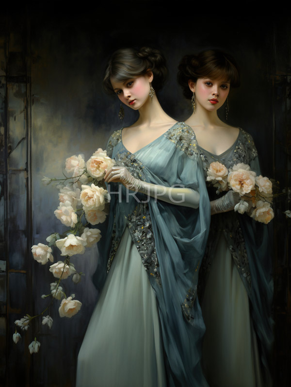 High Resolution: Two identical young women with fair skin and dark brown hair in elegant blue-green gowns adorned with silver embroidery holding cascading pink roses with perfect reflections download. | HRJPG.com