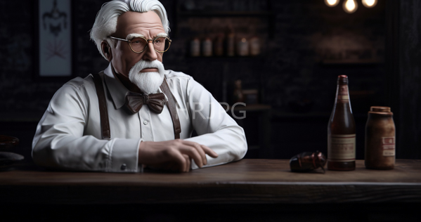 High Resolution: Photorealistic elderly white man with silver hair full beard and glasses wears suspenders over a bowtie shirt sitting at a dim-lit bar counter with two bottles nearby download. | HRJPG.com