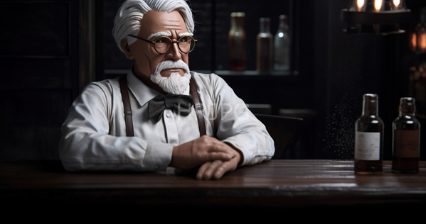 High Resolution: Elderly white man with silver hair full beard and mustache wearing glasses black bow tie and brown suspenders sits at a wooden bar counter in a dim-lit room with two bottles download. | HRJPG.com