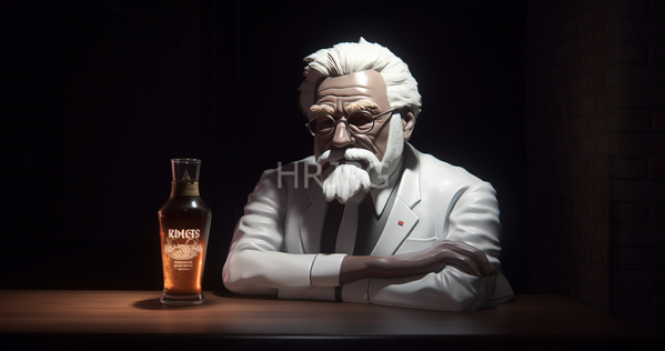 High Resolution: Elderly white man with silver hair and beard wearing round glasses and a crisp white lab coat sits in dim lighting beside an amber-colored Angostura bitters bottle on a wooden table download. | HRJPG.com