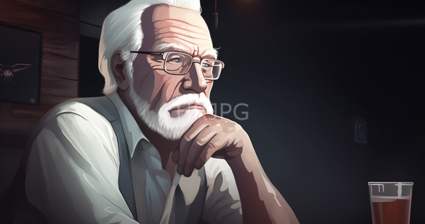 High Resolution: Elderly white man with gray hair and beard wearing glasses and suspenders rests his chin on one hand in dim lighting at a bar table beside a half-full glass beer mug download. | HRJPG.com