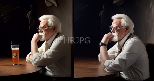 High Resolution: Elderly white man with thick curly silver hair and beard wearing glasses sits at a wooden table in dim lighting holding his chin thoughtfully while sipping frothy beer download. | HRJPG.com