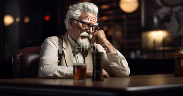 High Resolution: Elderly white man with thick wavy silver hair and full beard wearing black-rimmed glasses and a beige vest sits at a dim-lit bar table holding his chin thoughtfully sipping beer download. | HRJPG.com