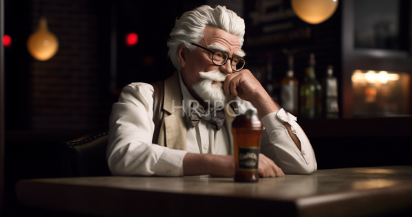 High Resolution: Elderly white man with silver hair full beard and mustache wearing black-rimmed glasses and brown suspenders sits at a bar table in a dim-lit vintage-style pub resting his chin on his hand download. | HRJPG.com