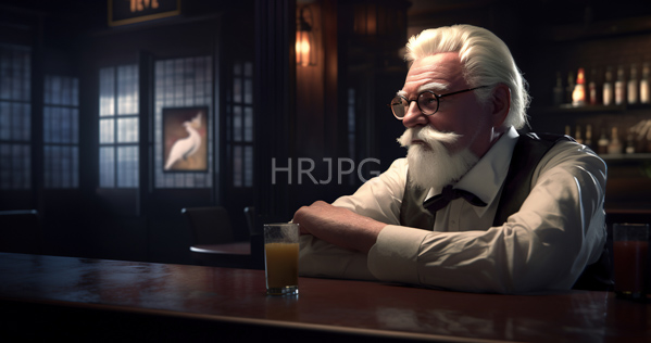 High Resolution: Photorealistic elderly white man with thick wavy silver hair and full beard wearing glasses and a bow tie sits at a dim bar counter with arms crossed and a glass of orange juice in front download. | HRJPG.com