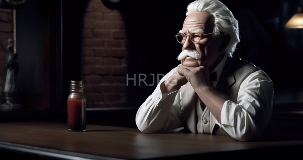 High Resolution: Elderly white man with long silver hair and thick mustache wearing glasses sits at a wooden table in dim lighting resting his chin on his hands looking contemplatively download. | HRJPG.com