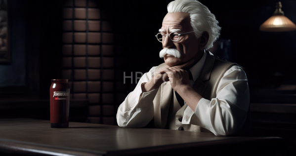 High Resolution: Elderly Indian man with white hair and mustache wearing glasses and a beige vest sits at a wooden table in a dim-lit room beside a red Heinz ketchup bottle download. | HRJPG.com