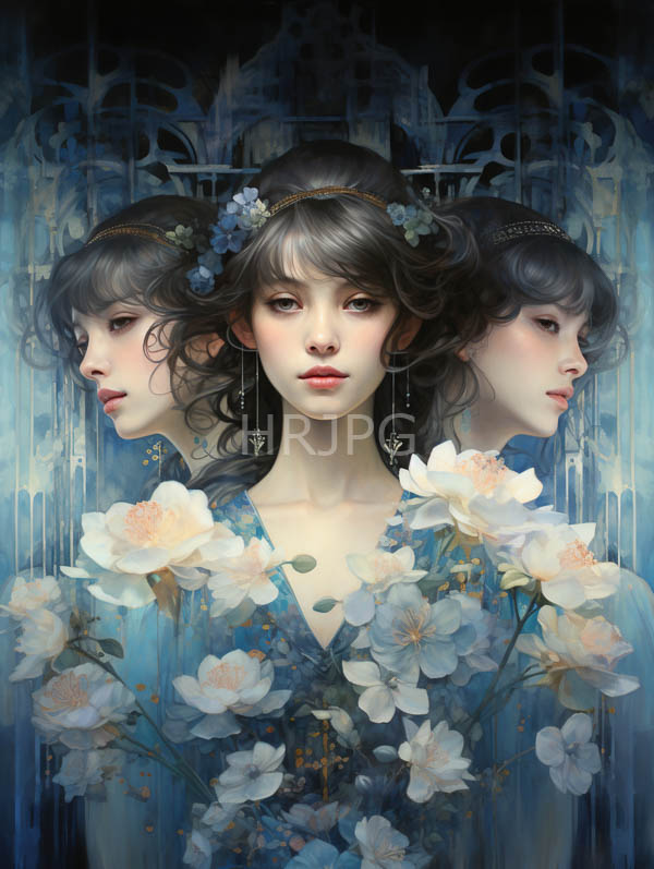 High Resolution: Three ethereal women with pale skin and dark wavy hair adorned in blue floral dresses surrounded by white flowers with serene expressions against an ornate background download. | HRJPG.com