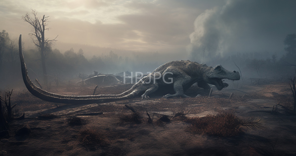 High Resolution: Enormous scaly dinosaur with sharp horns and a long tail in a misty forest clearing at sunrise or sunset amidst sparse vegetation under cloudy skies download. | HRJPG.com