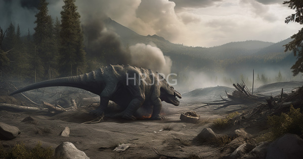 High Resolution: Imposing scaly dinosaur with dark green and gray hues stands in a post-apocalyptic forest landscape under cloudy skies with smoke rising from distant mountains download. | HRJPG.com