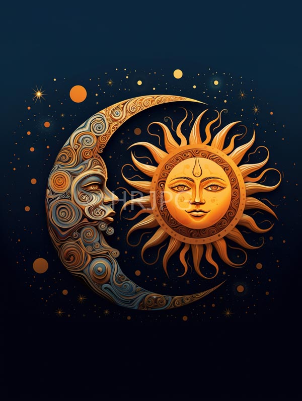 High Resolution: Ornate golden sun with expressive eyes and intricate patterns surrounding its face positioned to the right of a crescent moon adorned in swirling blue-gray designs download. | HRJPG.com