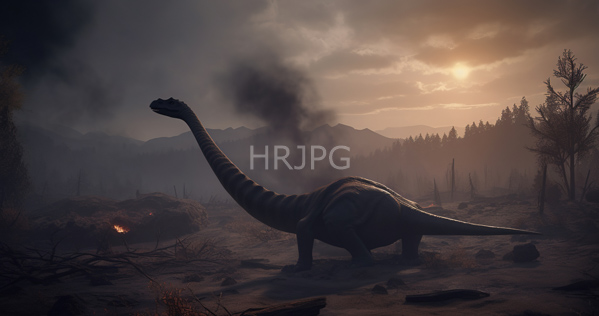 High Resolution: Imposing long-necked dinosaur with dark green scales stands in a post-apocalyptic landscape at sunset with smoky mountains charred trees and faint orange flames download. | HRJPG.com