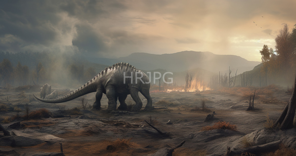 High Resolution: Apocalyptic landscape features a large gray-scaled dinosaur with prominent spikes standing in ruins amidst scattered debris and burning fires under dramatic cloudy skies download. | HRJPG.com