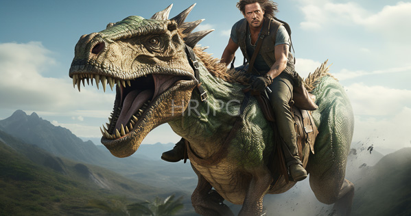 High Resolution: Rugged bearded man with short brown hair rides a large green dinosaur-like creature in a mountainous landscape under a clear blue sky download. | HRJPG.com