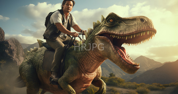 High Resolution: Asian man with short black hair wearing glasses and a gray vest rides on top of a large green dinosaur resembling a Velociraptor against a mountainous background at sunset download. | HRJPG.com