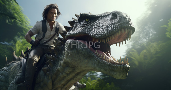 High Resolution: Chris Pratt as an adventurer riding on top of a large detailed green dinosaur with sharp teeth and spikes in lush jungle foliage under bright sunlight download. | HRJPG.com