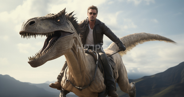 High Resolution: Rugged brown-haired man in sunglasses and a leather jacket rides an enormous gray dinosaur with sharp teeth against a mountainous sky backdrop download. | HRJPG.com
