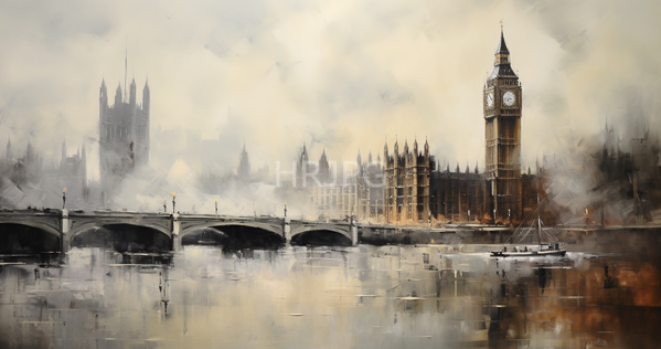 High Resolution: Impressionistic painting of London's Westminster Bridge and Palace featuring foggy skies with muted colors and reflective water with Big Ben prominently visible download. | HRJPG.com