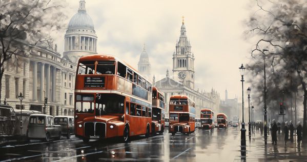 High Resolution: Overcast rainy day in London features vintage red double-decker buses on wet streets and classic buildings like St Paul's Cathedral and Big Ben visible through misty fog download. | HRJPG.com