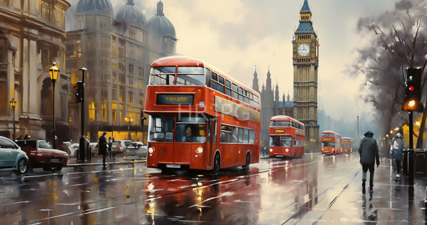 High Resolution: London's Parliament Square on a rainy day features three bright red double-decker buses on reflective wet streets with pedestrians walking along sidewalks near Big Ben download. | HRJPG.com
