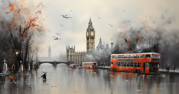 High Resolution: London's Westminster Bridge on an overcast day features reflective wet streets with scattered autumn leaves and two bright red double-decker buses in motion towards Big Ben download. | HRJPG.com