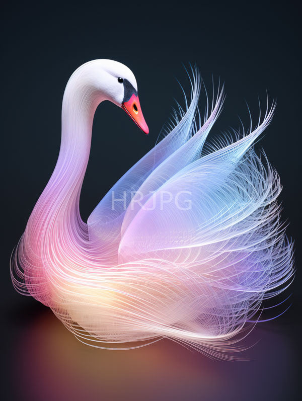 High Resolution: Ethereal swan with flowing multicolored feathers in pastel shades pink to blue against a dark gradient background with a white neck and red-orange beak download. | HRJPG.com