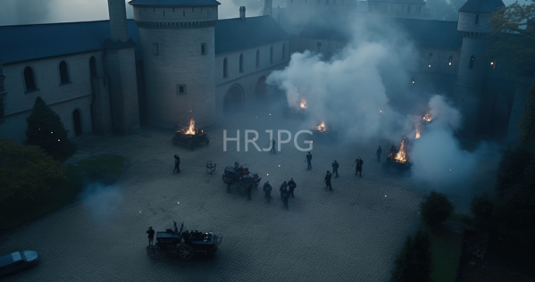 High Resolution: Aerial photograph of an ancient stone castle courtyard at dusk shrouded in mist and smoke from multiple burning torches with silhouetted figures standing near wooden carts download. | HRJPG.com