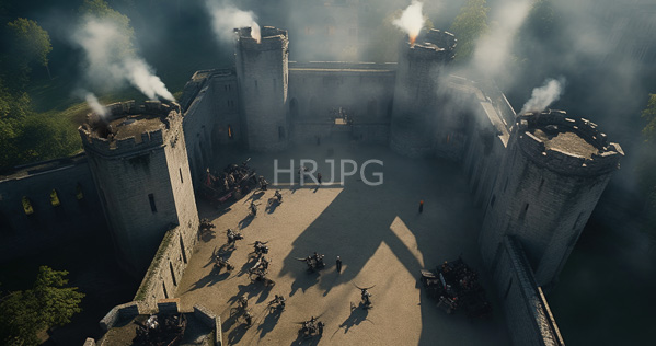 High Resolution: Aerial photograph of an ancient stone castle with four tall towers emitting smoke surrounded by dense greenery and a misty atmosphere with armored warriors gathering below download. | HRJPG.com