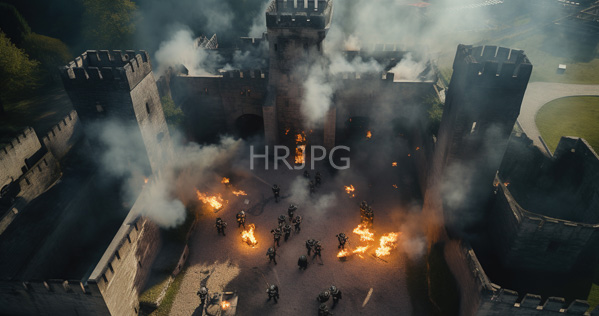 High Resolution: Aerial photograph of a medieval castle under siege features dark stone towers and thick smoke from intense fires where armored soldiers with torches clash amidst chaos download. | HRJPG.com