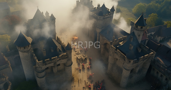 High Resolution: Aerial photograph of a medieval stone castle with tall conical-roofed towers surrounded by dense fog and smoke with numerous soldiers in red uniforms gathering on the courtyard download. | HRJPG.com