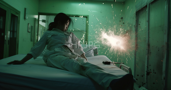 High Resolution: Asian woman in white hospital scrubs sitting on a bed with a bright explosion emitting sparks from her right side near metal doors in a dim-lit room download. | HRJPG.com