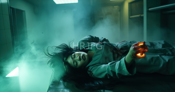 High Resolution: Asian woman with long black hair lying on her back in a dim foggy room illuminated by green and yellow lights wearing blood-stained gray clothing holding glowing orange embers download. | HRJPG.com