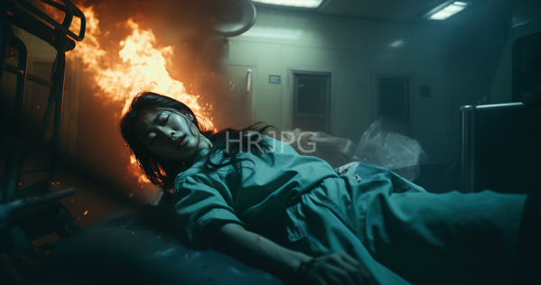 High Resolution: Asian woman with long dark hair lying unconscious in a hospital bed as flames erupt behind her head on the left side in a dim-lit room download. | HRJPG.com