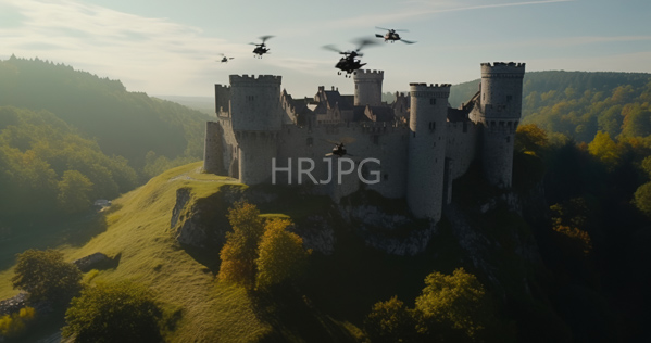 High Resolution: Ancient gray stone castle with multiple tall towers perched on a grassy hilltop surrounded by dense forested hills with four black helicopters hovering above it download. | HRJPG.com