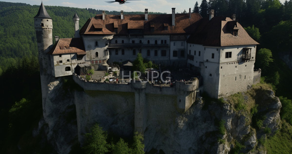 High Resolution: Aerial photograph of Neuschwanstein Castle an imposing medieval-style fortress with white stone walls and red-tiled roofs perched on rugged cliffs amidst dense forested hills download. | HRJPG.com