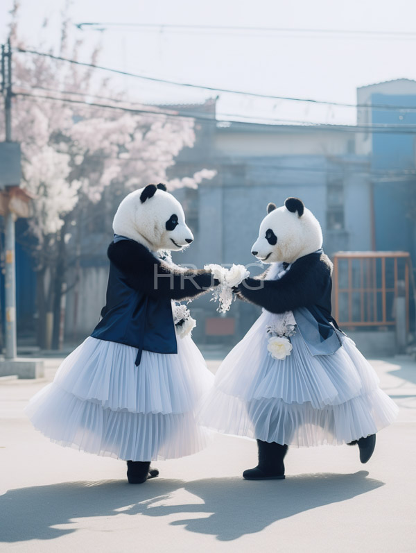 High Resolution: Two people dressed as pandas in white tulle wedding dresses and black jackets holding hands on an urban street with cherry blossom trees download. | HRJPG.com