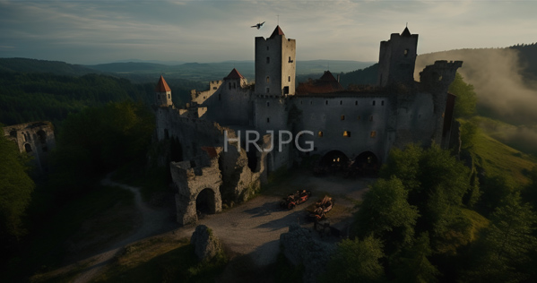 High Resolution: Ancient gray stone castle with multiple towers and red-roofed sections perched on lush green hills at sunset with arched entryways and glowing torches inside download. | HRJPG.com