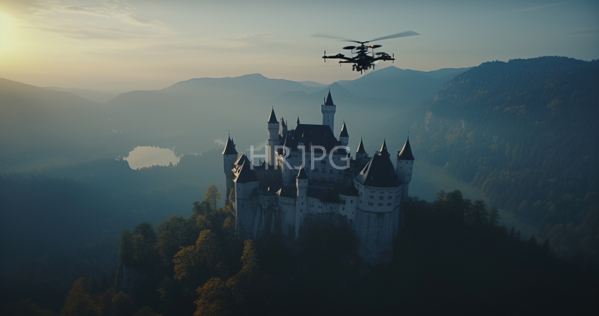 High Resolution: Ethereal medieval-style castle with multiple turrets and spires perched on forested hills at sunrise or sunset with a black helicopter hovering nearby amidst mist download. | HRJPG.com